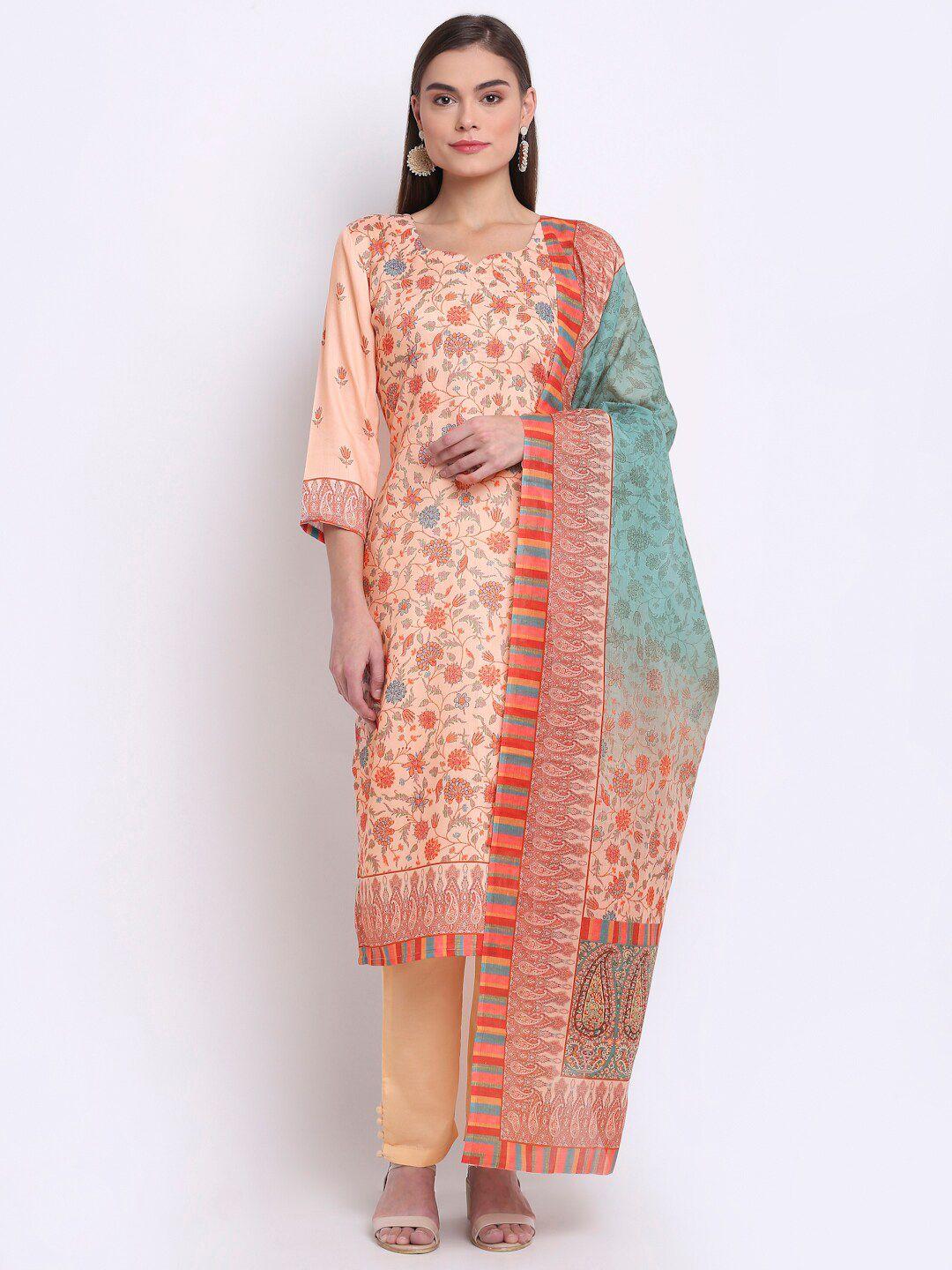 stylee lifestyle peach-coloured & turquoise blue printed unstitched dress material