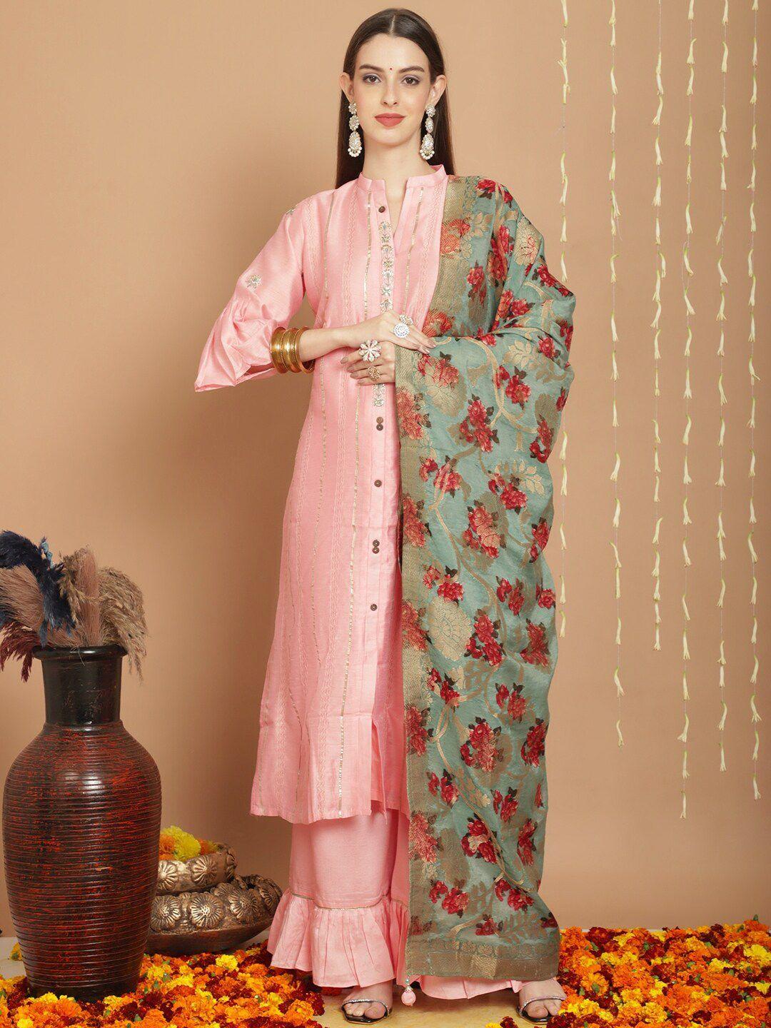 stylee lifestyle peach-coloured embroidered art silk semi-stitched dress material