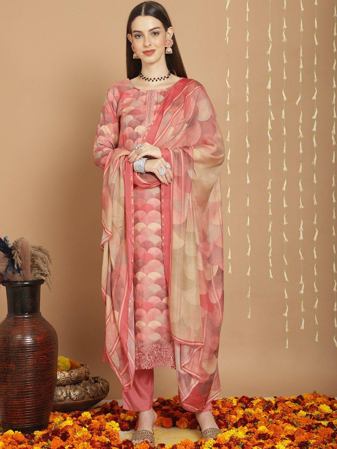 stylee lifestyle peach-coloured printed pure silk unstitched dress material