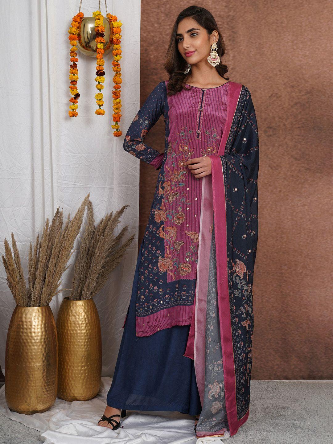 stylee lifestyle pink & blue embroidered silk crepe unstitched dress material