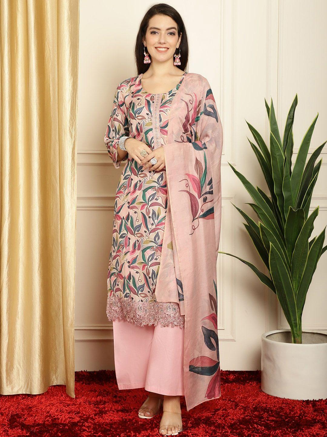 stylee lifestyle pink & green printed pure silk unstitched dress material