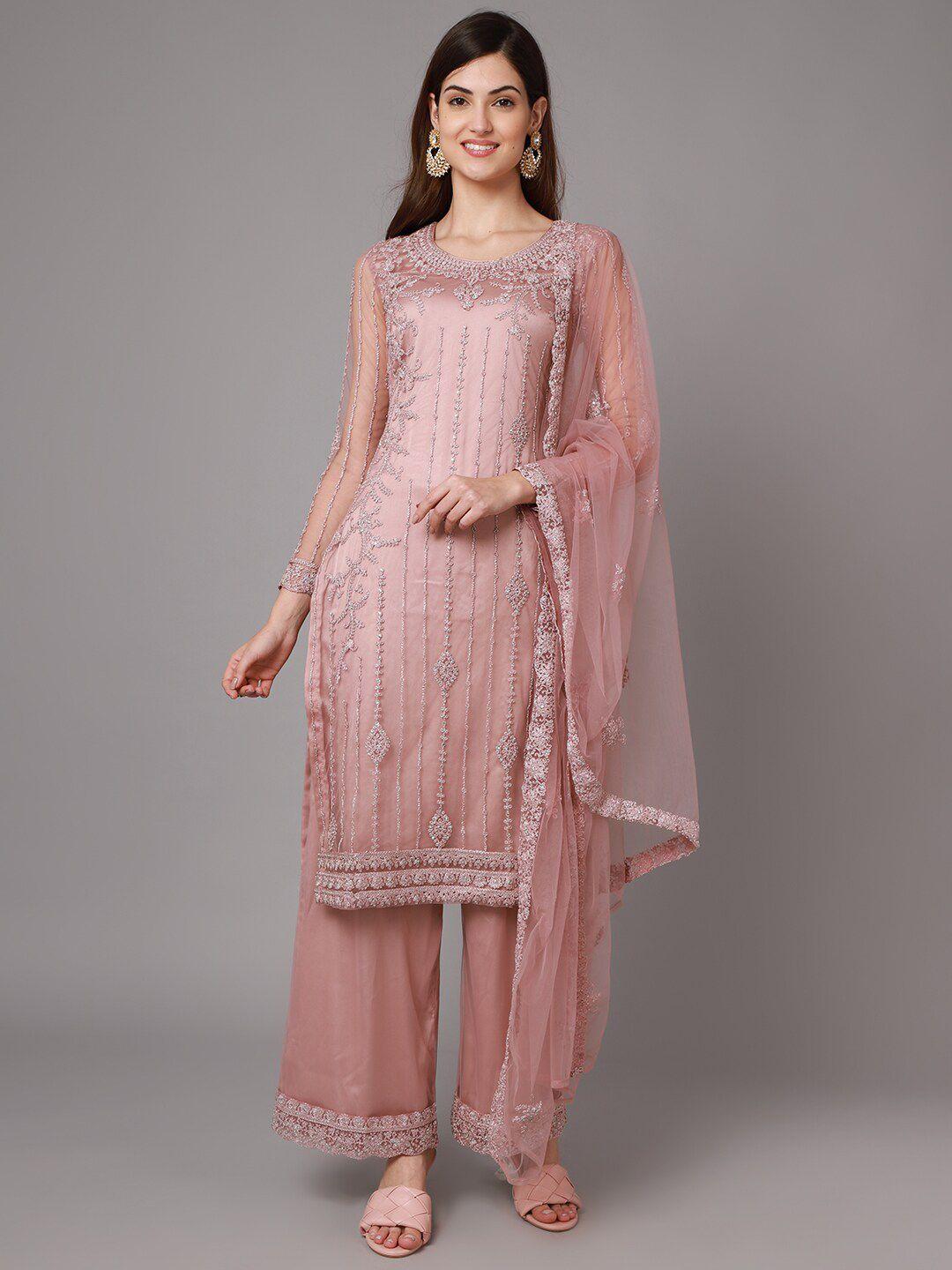 stylee lifestyle pink embroidered net unstitched dress material