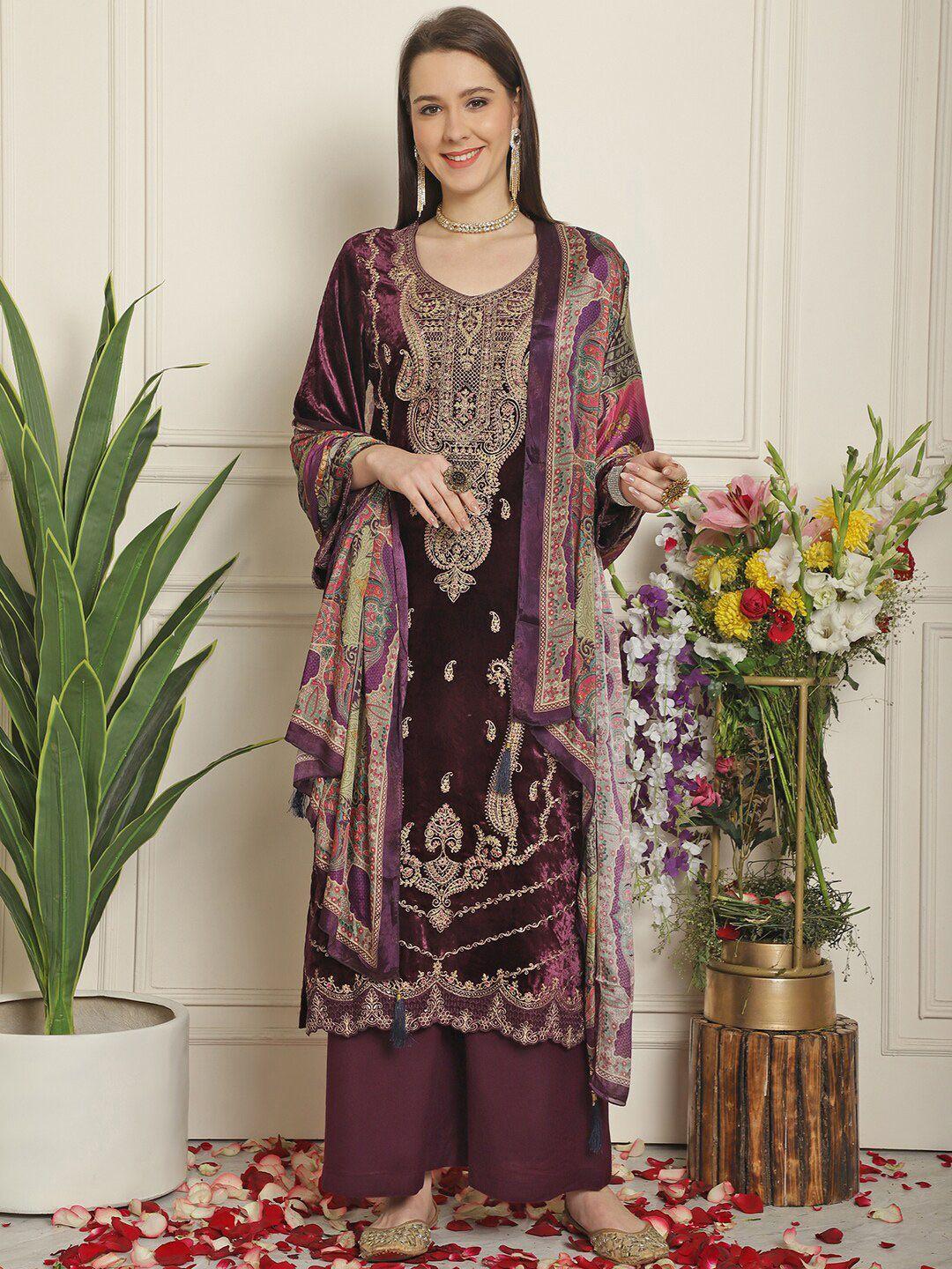 stylee lifestyle purple embroidered velvet unstitched dress material