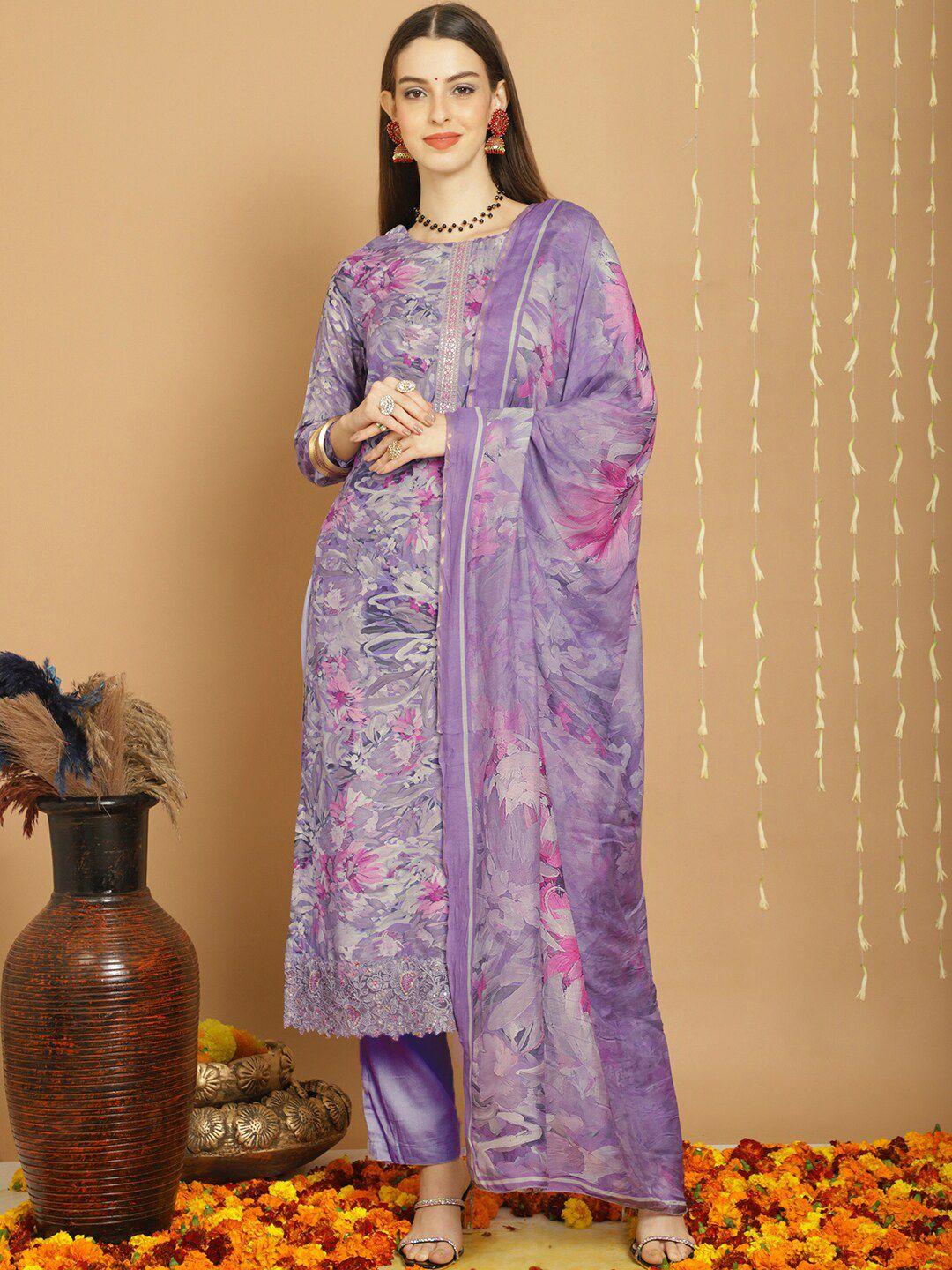 stylee lifestyle purple printed pure silk unstitched dress material