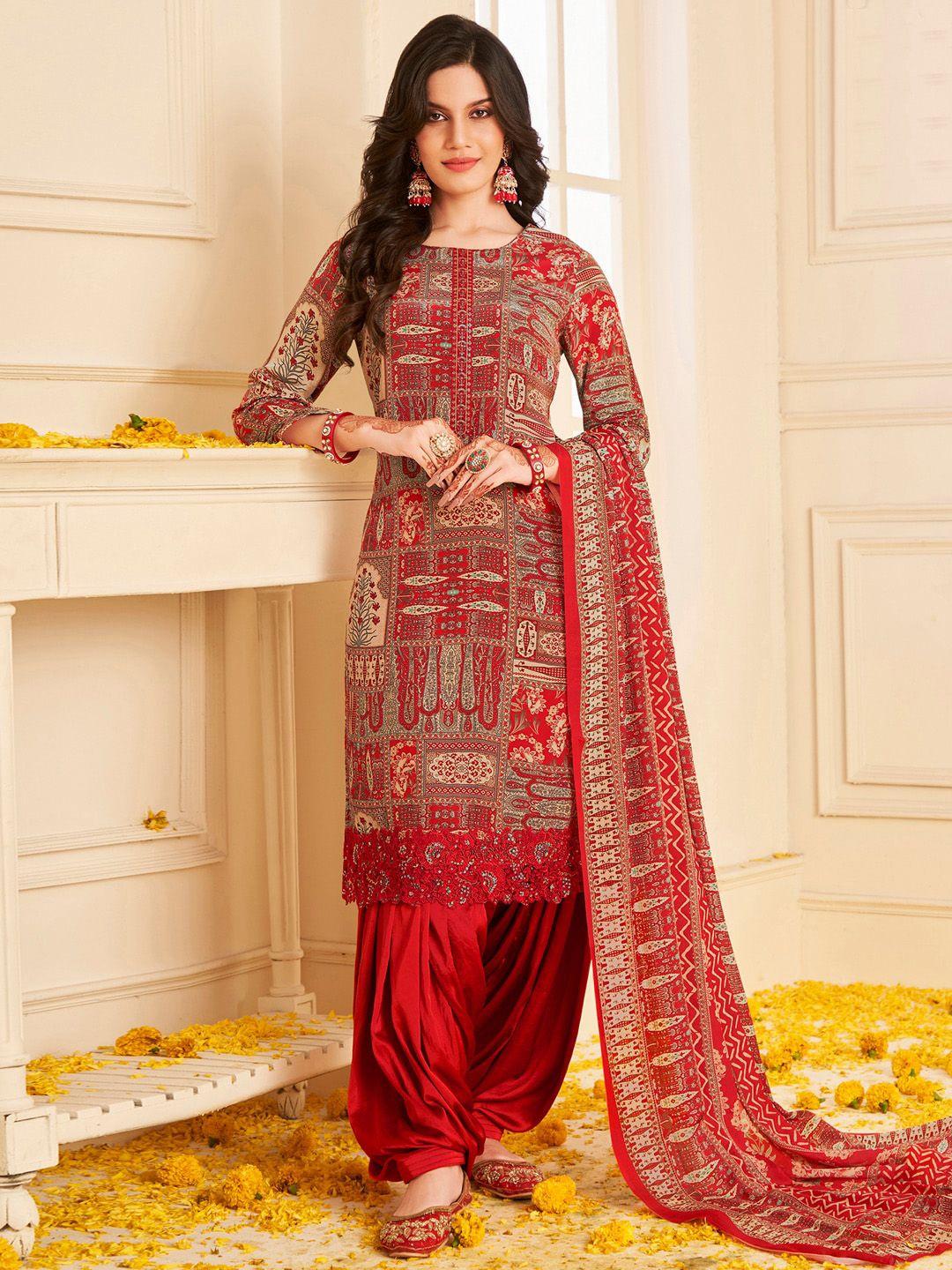 stylee lifestyle red & cream-coloured printed silk crepe unstitched dress material
