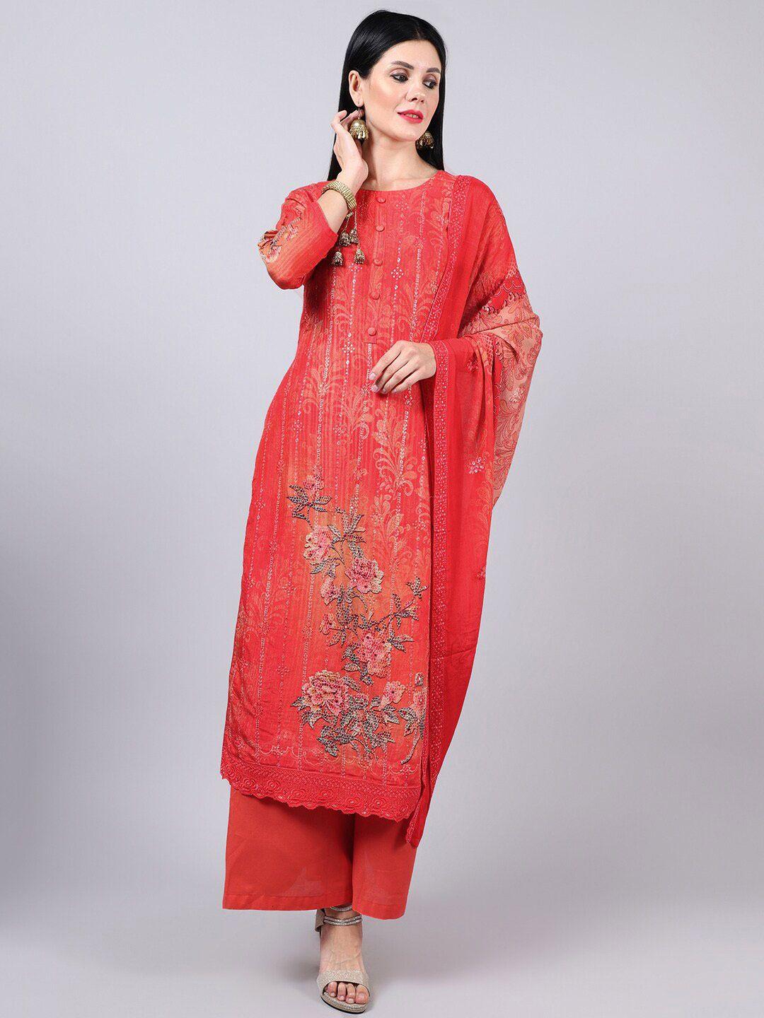 stylee lifestyle red & grey embroidered pure silk unstitched dress material