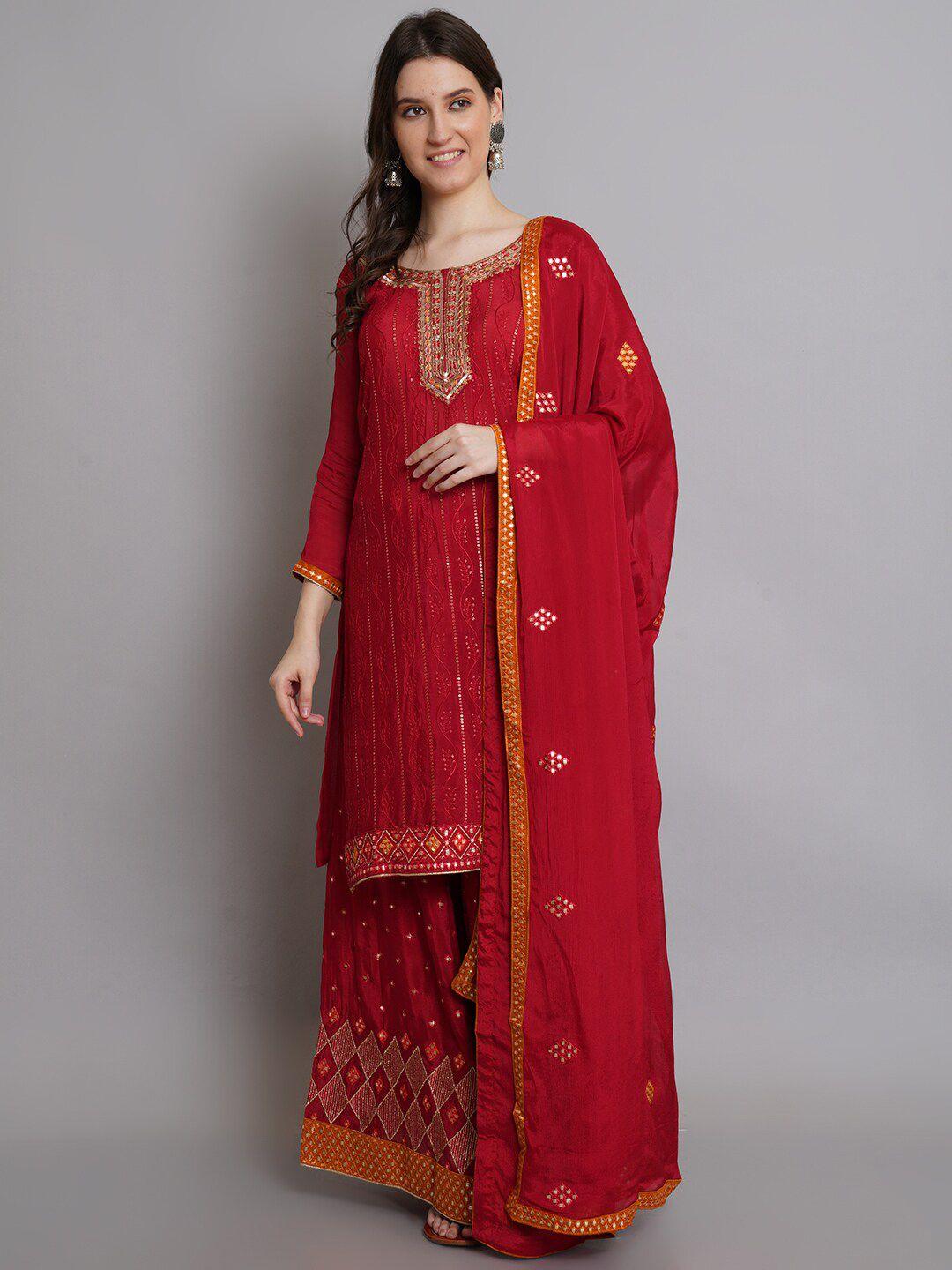 stylee lifestyle red & orange silk chiffon unstitched dress material