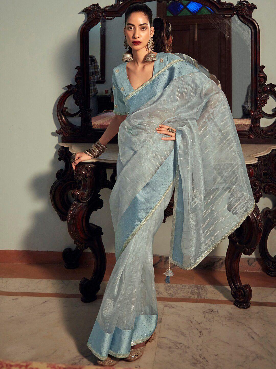 stylee lifestyle striped beads & stones organza saree