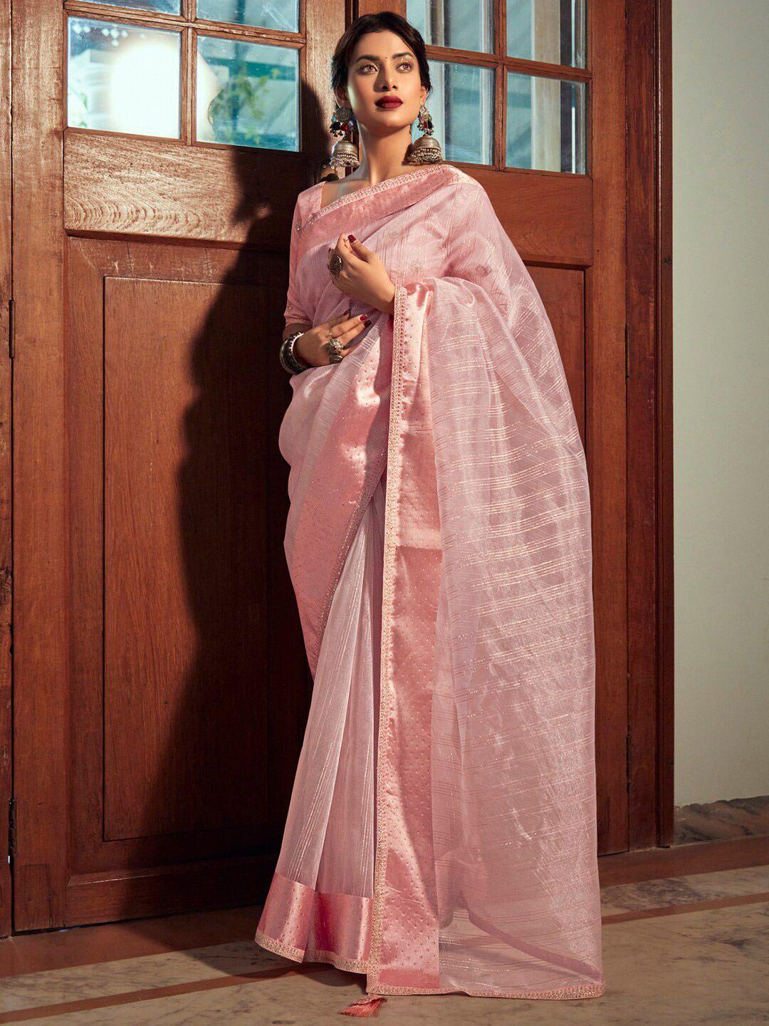 stylee lifestyle striped beads & stones organza saree