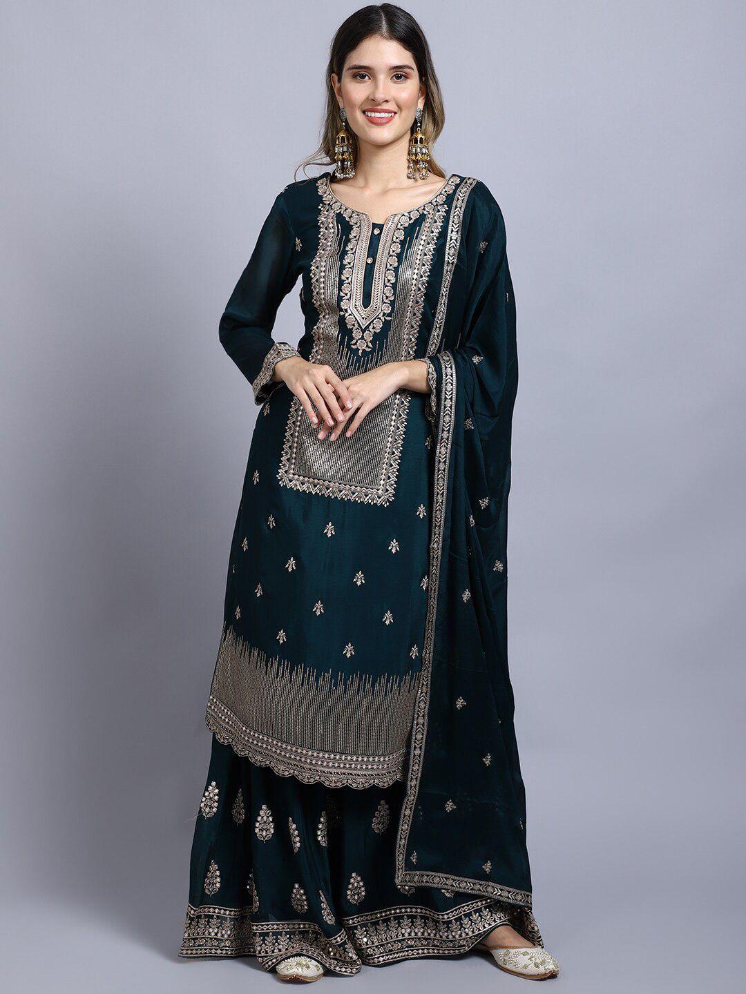 stylee lifestyle teal & gold-toned embroidered semi-stitched dress material