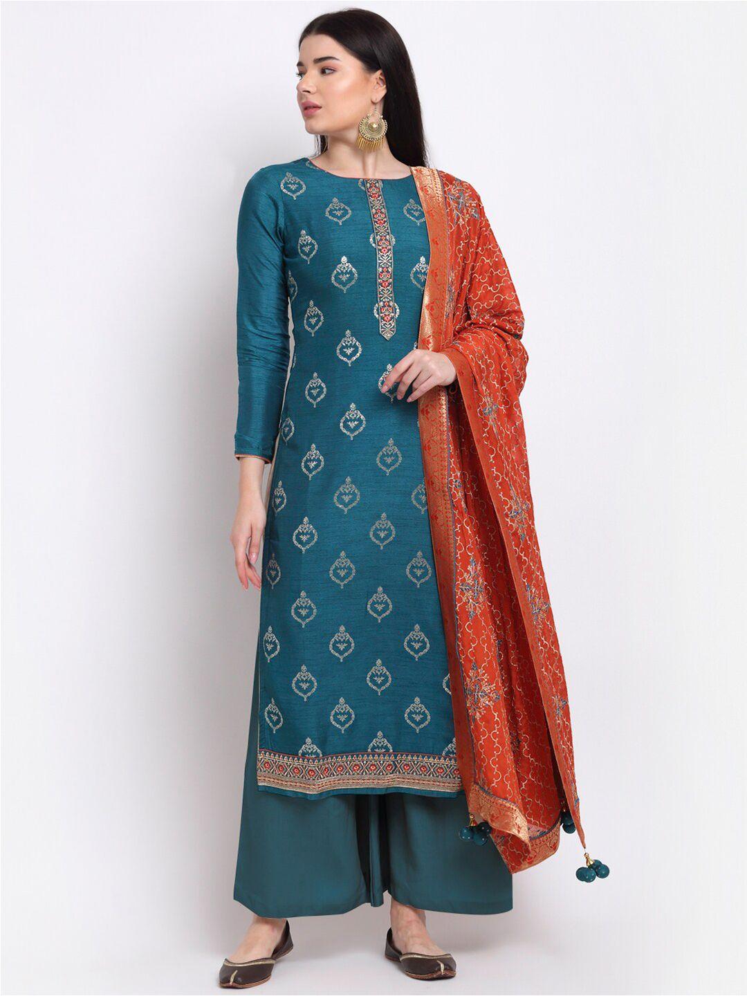 stylee lifestyle teal & red printed art silk unstitched dress material