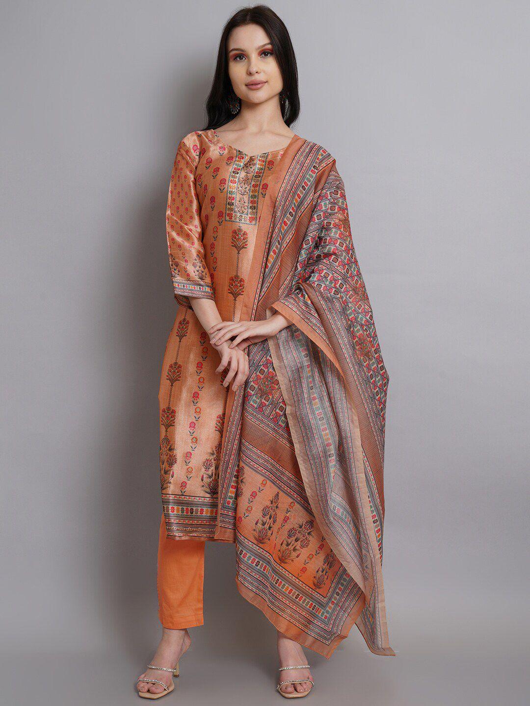 stylee lifestyle women orange & grey printed unstitched dress material