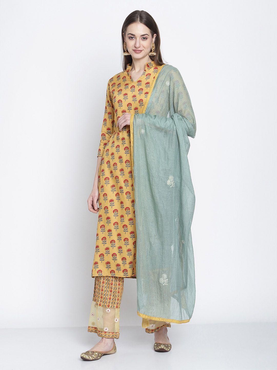 stylee lifestyle yellow & blue printed unstitched dress material