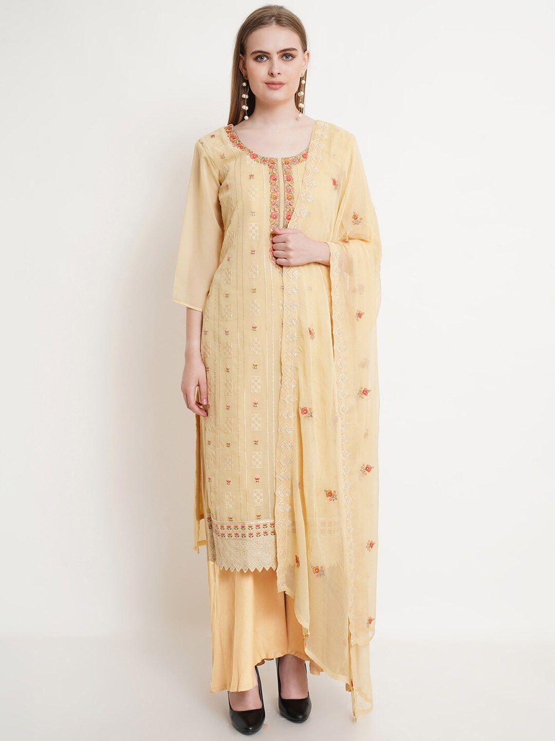 stylee lifestyle yellow & red embroidered unstitched dress material