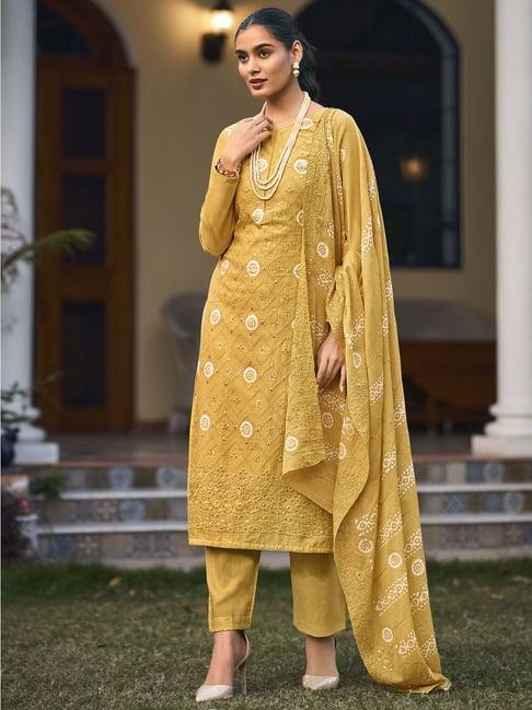 stylee lifestyle yellow cotton embroidered unstitched dress material