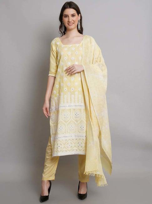 stylee lifestyle yellow cotton embroidered unstitched dress material