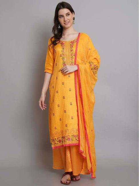 stylee lifestyle yellow cotton embroidered unstitched dress material