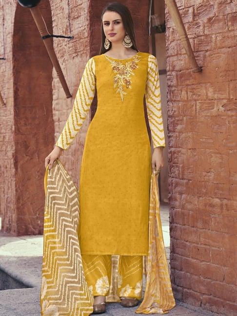 stylee lifestyle yellow cotton embroidered unstitched dress material