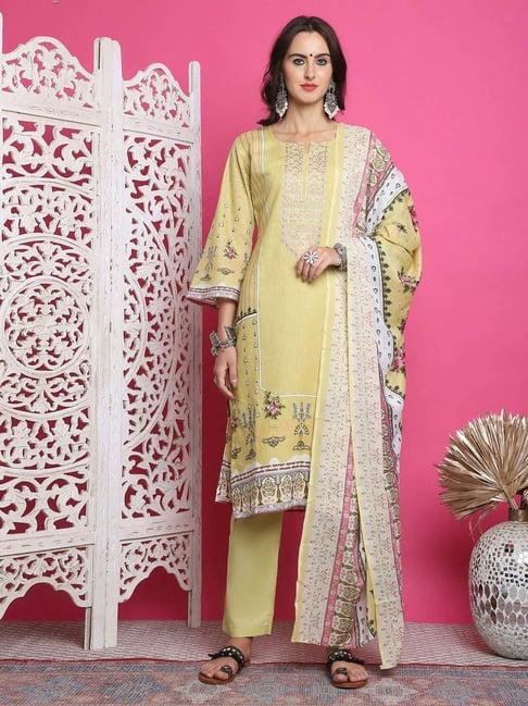 stylee lifestyle yellow cotton embroidered unstitched dress material