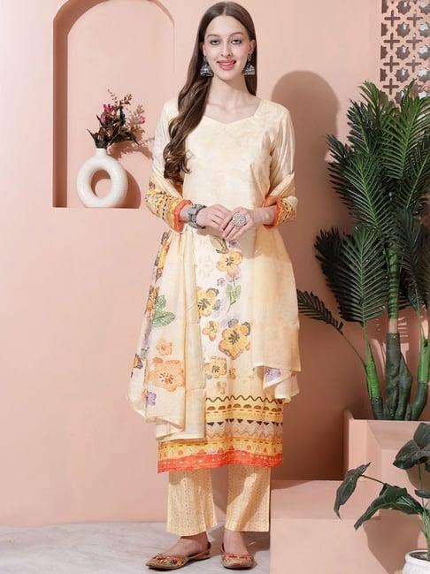 stylee lifestyle yellow cotton floral print unstitched dress material