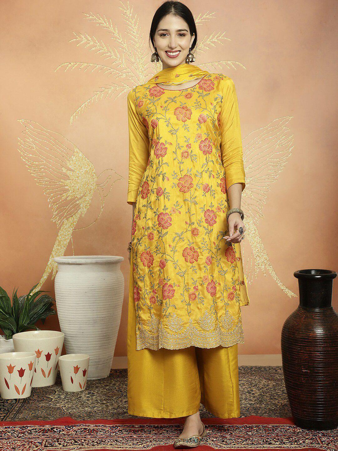 stylee lifestyle yellow embroidered pure silk unstitched dress material