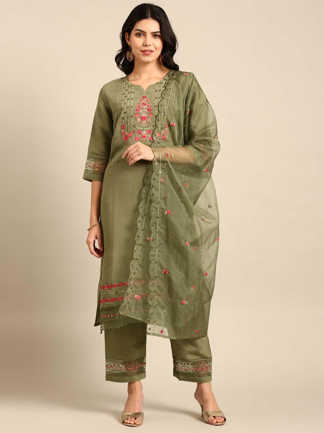 stylefables floral embroidered regular sequinned kurta with pyjamas & with dupatta