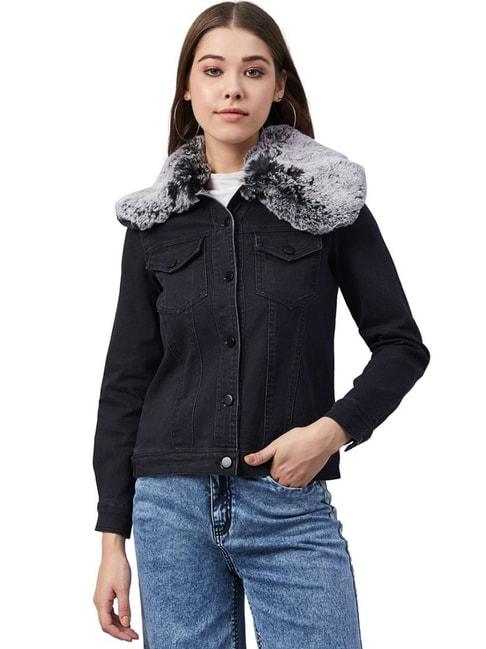 stylestone black denim jacket with detachable fur collar