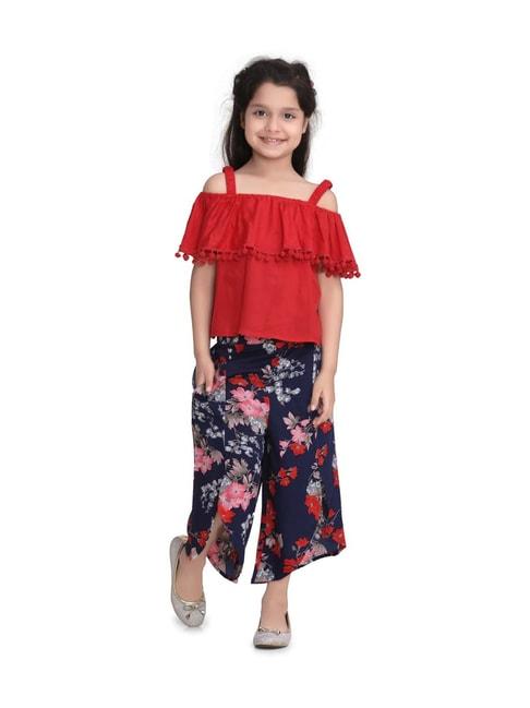stylestone kids red & navy cotton floral print top & pants set