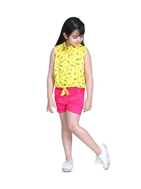 stylestone kids yellow & pink printed top with shorts