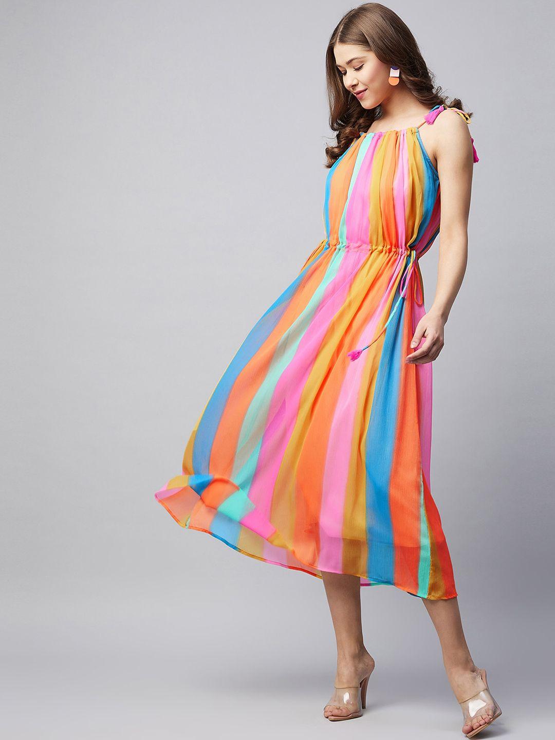 stylestone multicoloured striped chiffon a-line midi dress