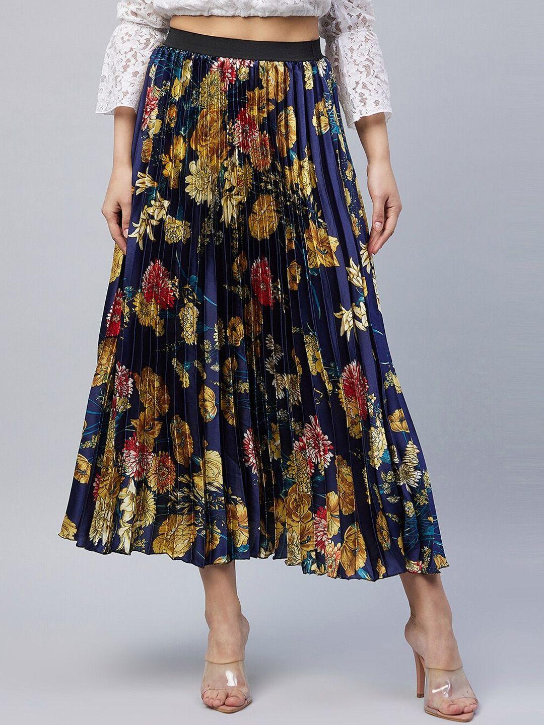 stylestone women blue & mustard-yellow printed flared maxi skirt
