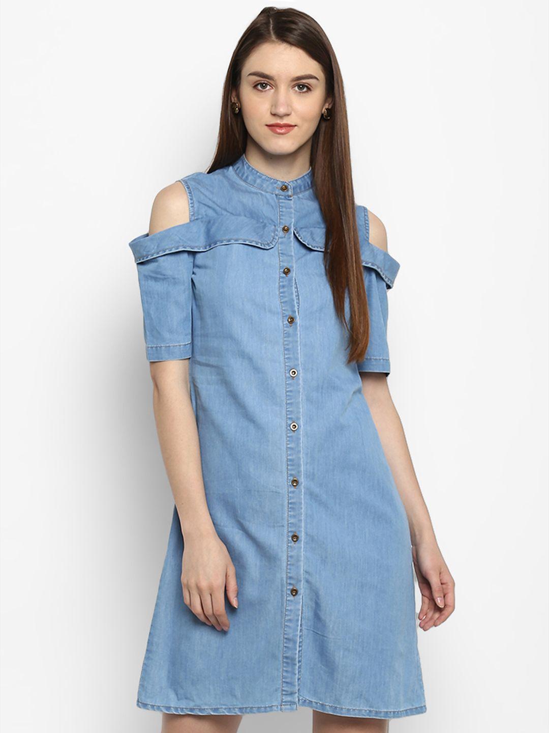 stylestone women blue solid denim shirt dress