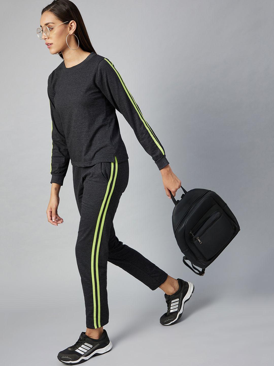 stylestone women cotton charcoal solid with lime green side taping tracksuit