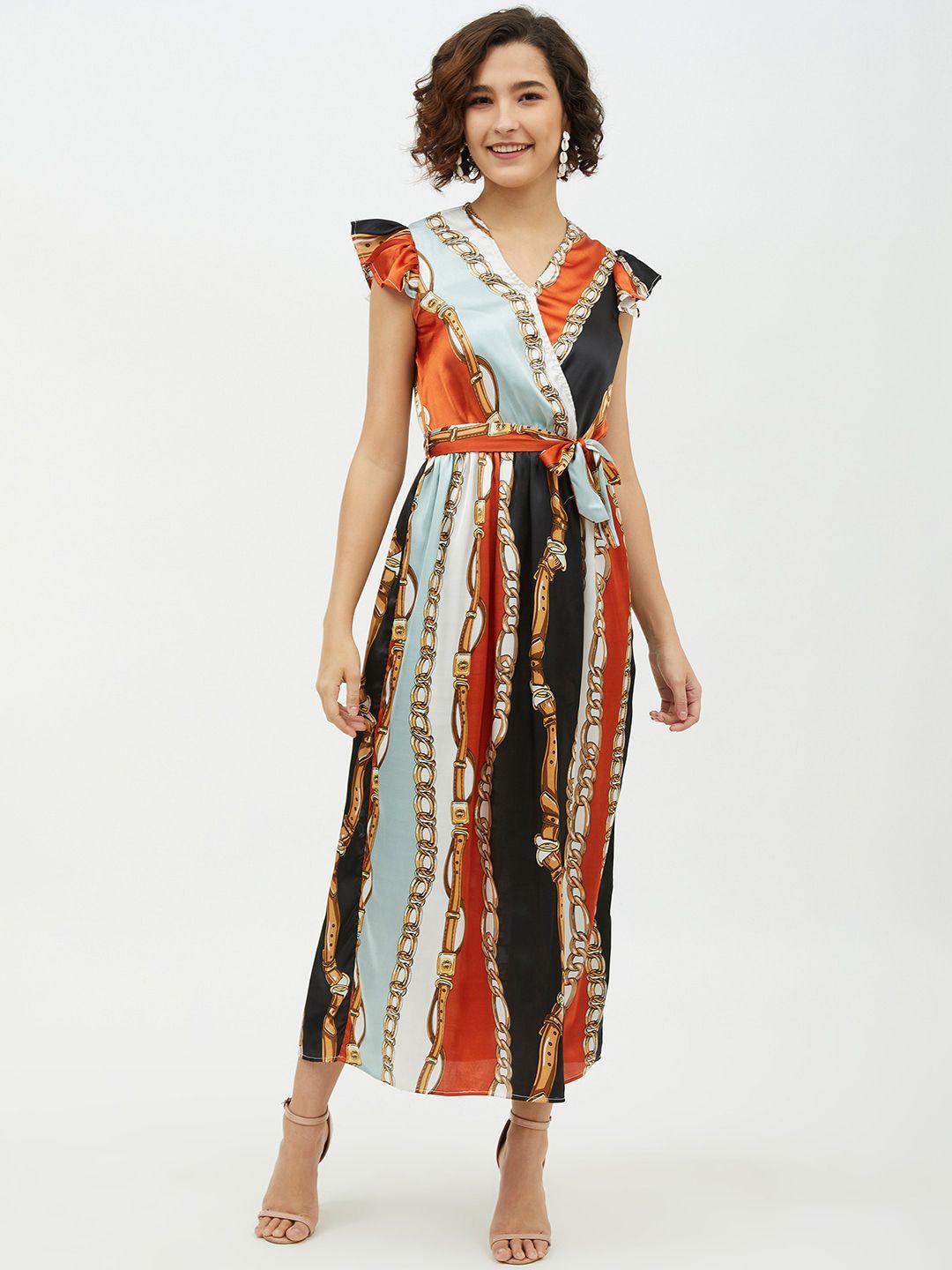 stylestone women multicoloured printed satin finish maxi dress with belt