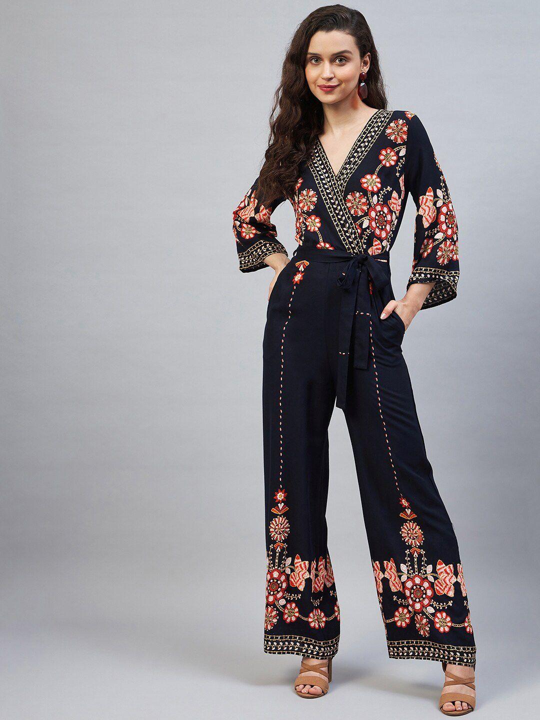 stylestone women navy blue & red floral printed basic jumpsuit