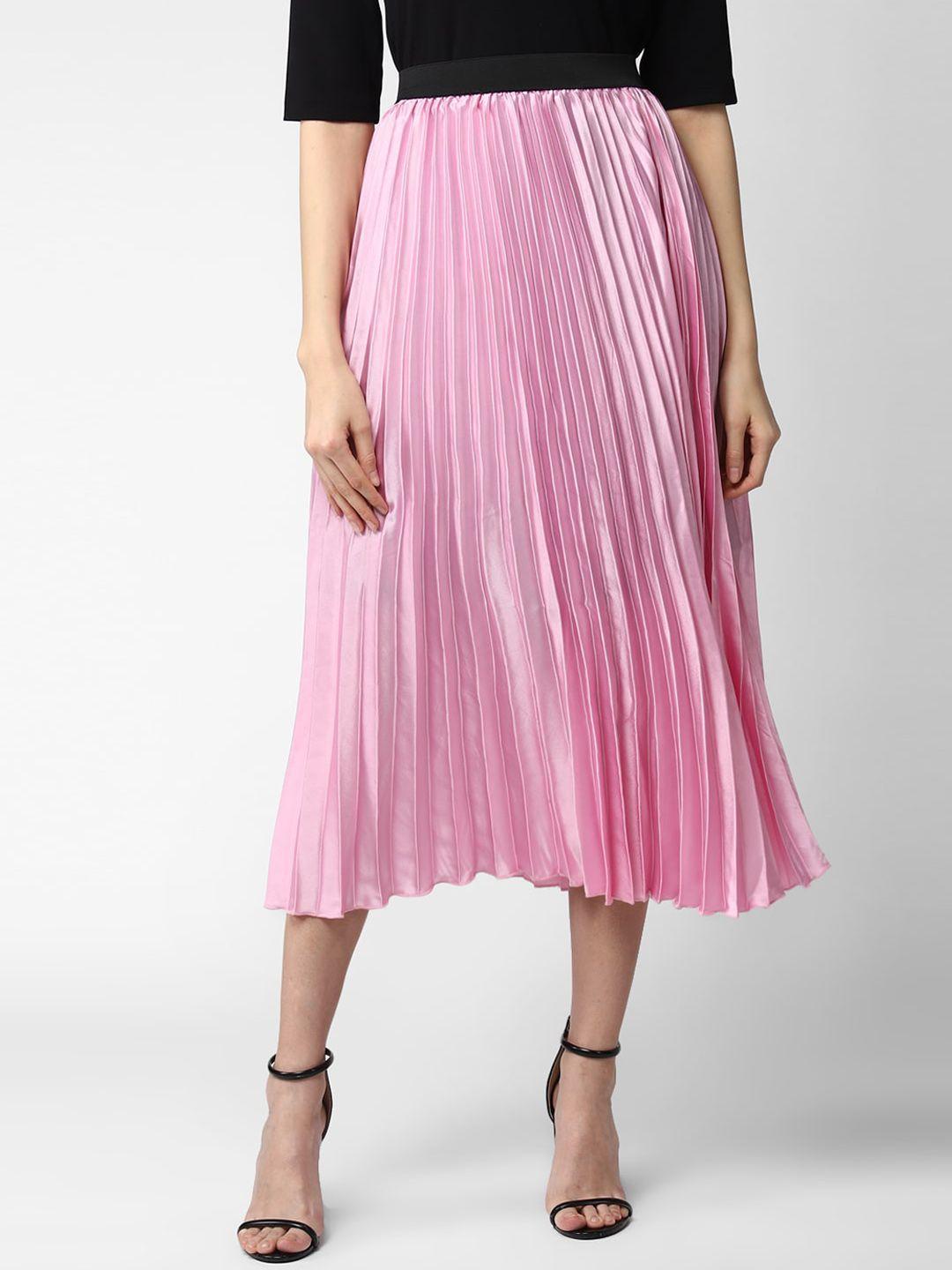 stylestone women pink solid accordion pleated flared midi satin skirt