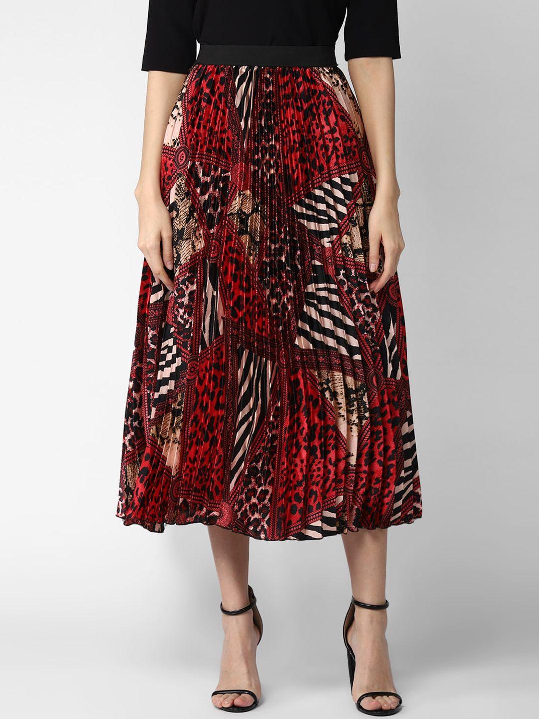 stylestone women red & black printed accordion pleated midi skirt