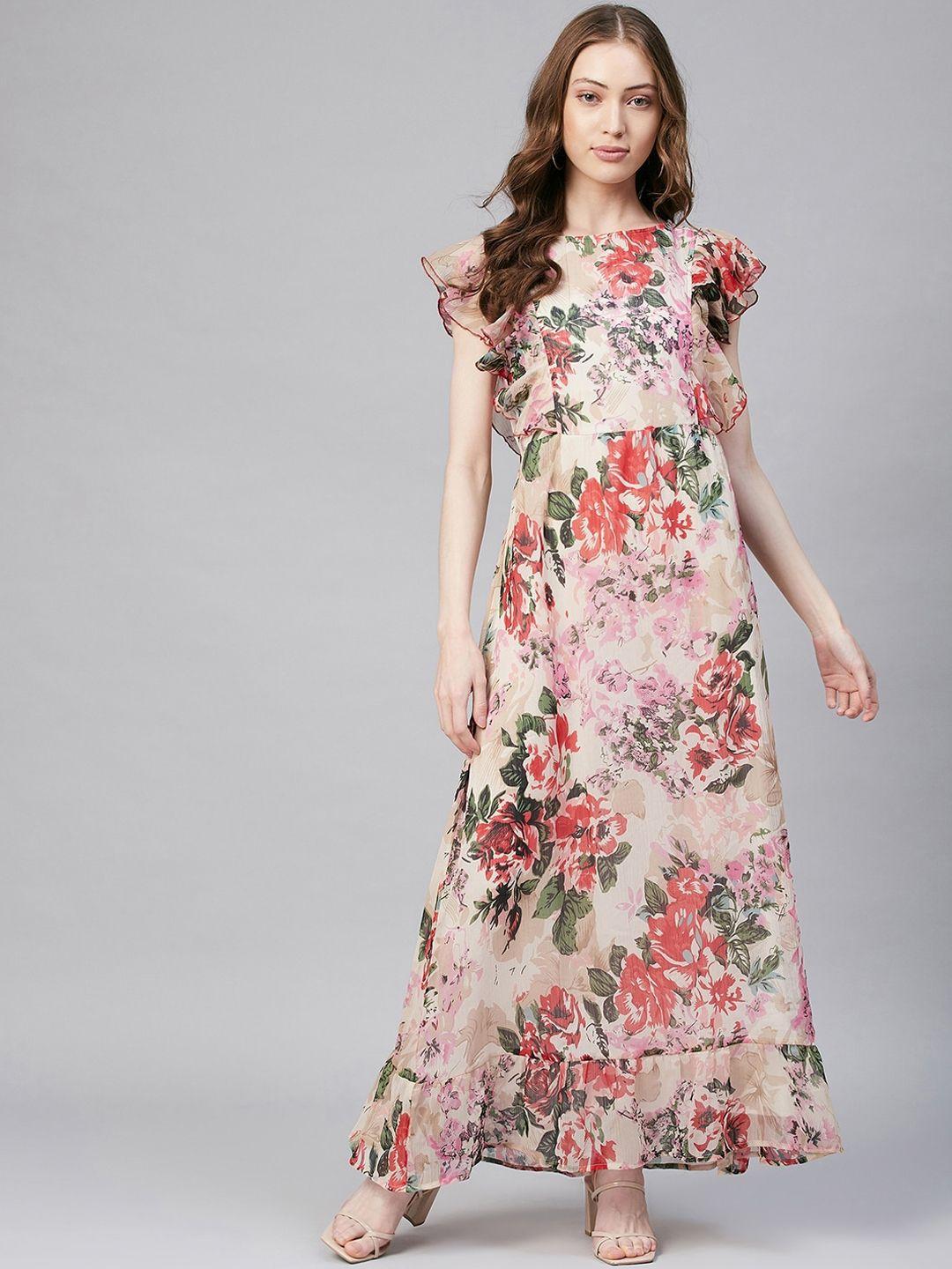 stylestone beige & red floral chiffon maxi dress