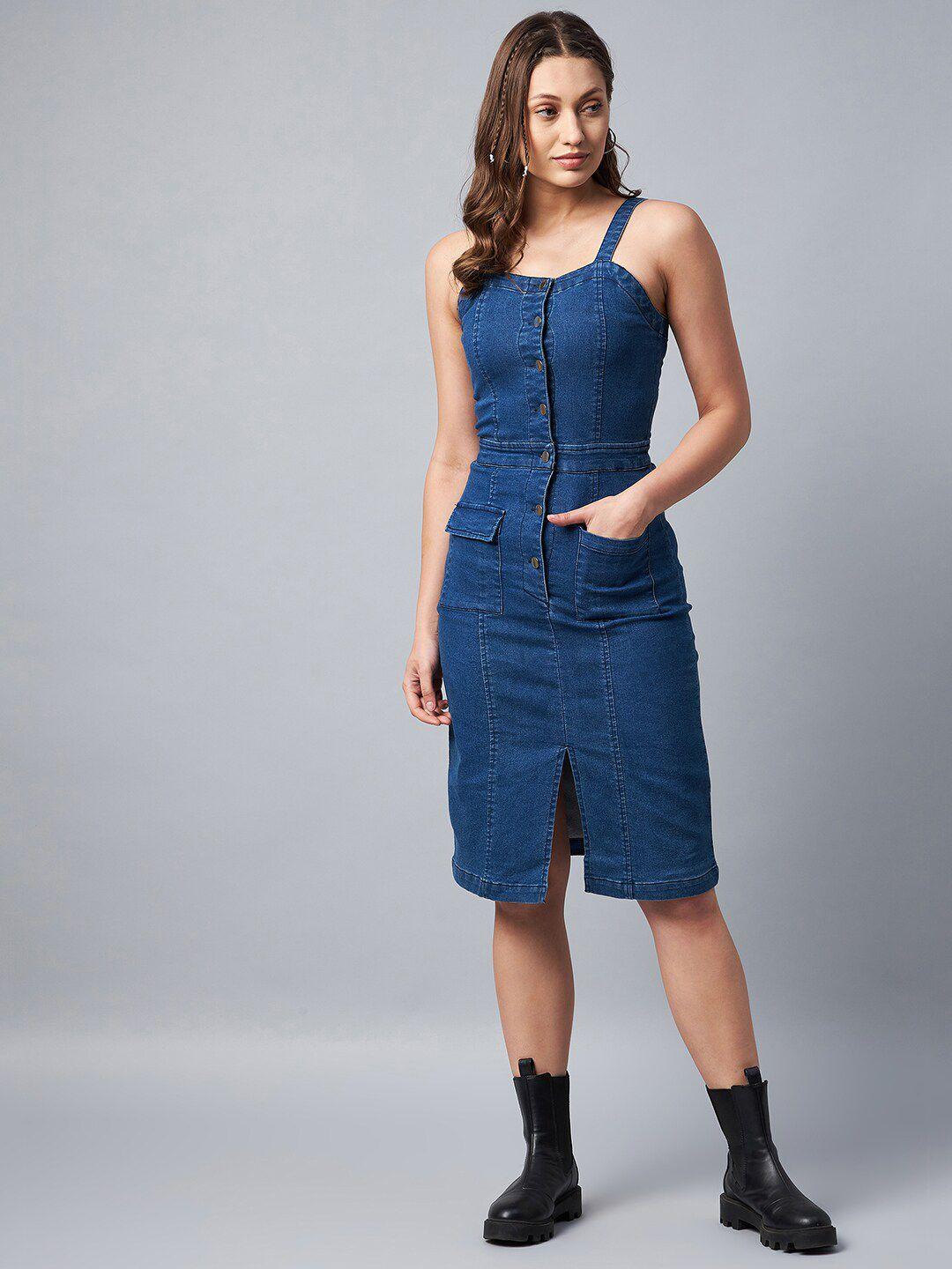 stylestone blue cotton denim sheath midi dress