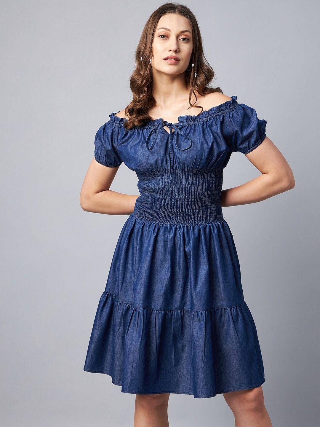 stylestone blue off-shoulder smocked denim dress