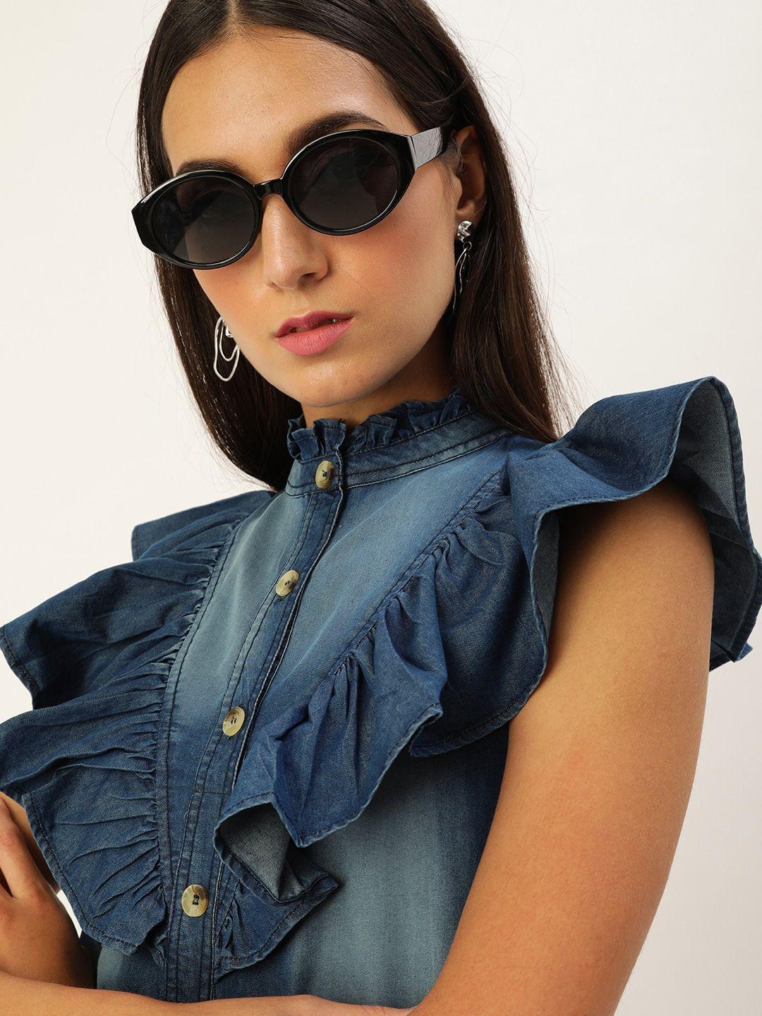 stylestone hazy blue ruffled a-line retro denim dress