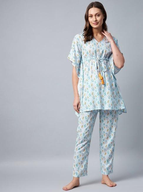 stylestone light blue floral print kaftan top with pyjamas