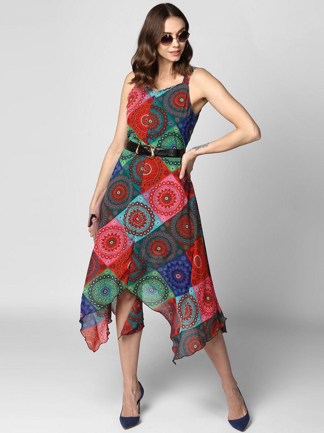 stylestone multicoloured ethnic motifs georgette a-line midi dress