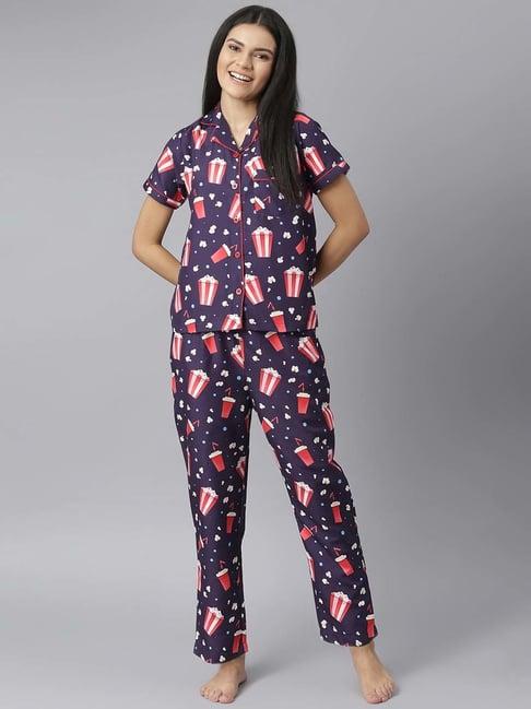 stylestone navy popcorn print shirt with pyjamas