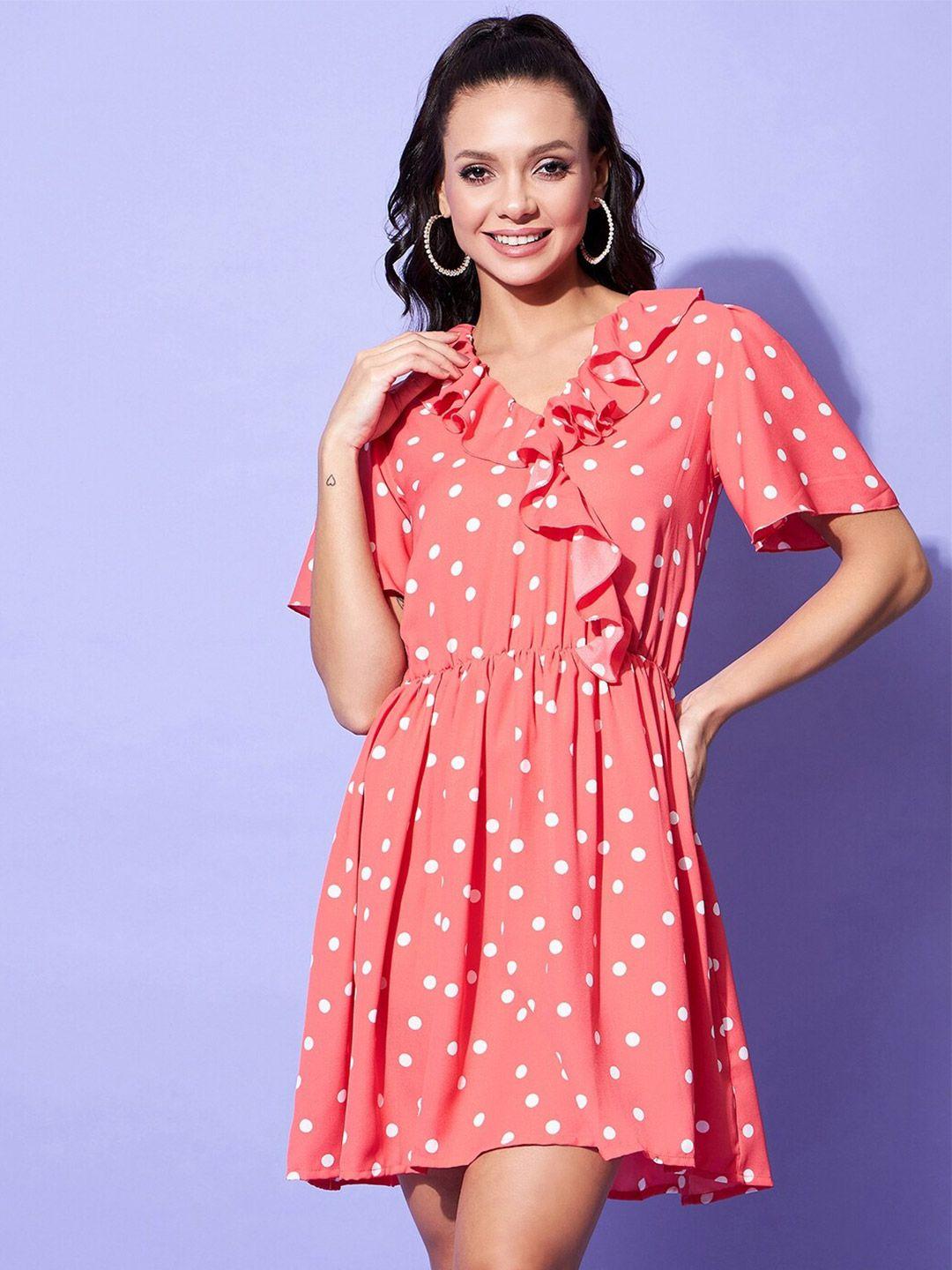 stylestone polka dots printed ruffled fit & flare mini dress
