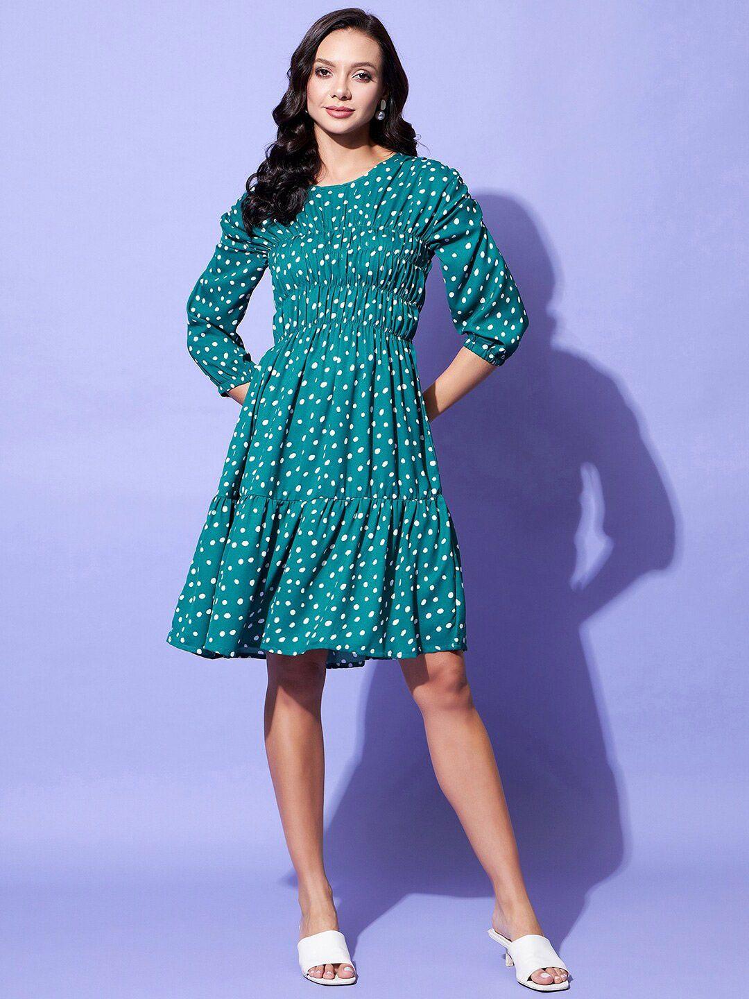 stylestone polka dots printed smocked fit & flare dress