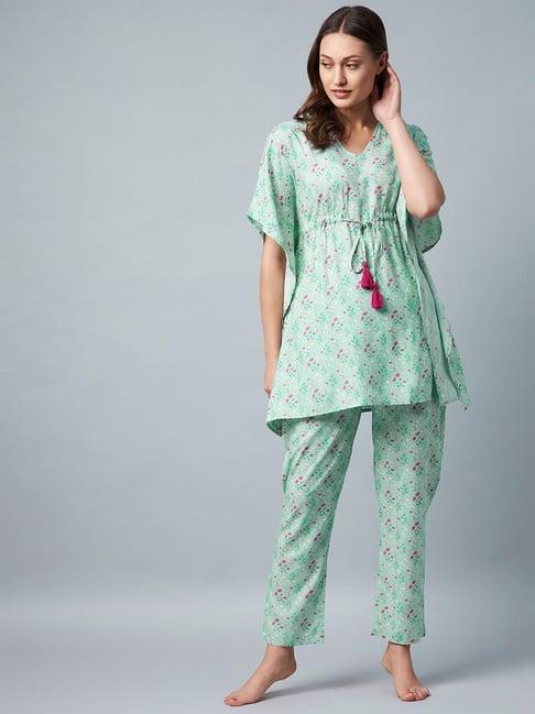 stylestone sea green floral print kaftan top with pyjamas