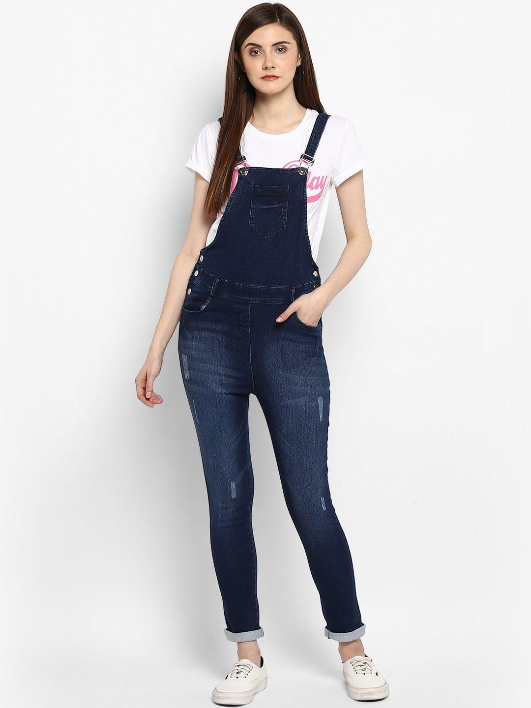 stylestone women's blue distressed stretchable slim fit denim dungarees