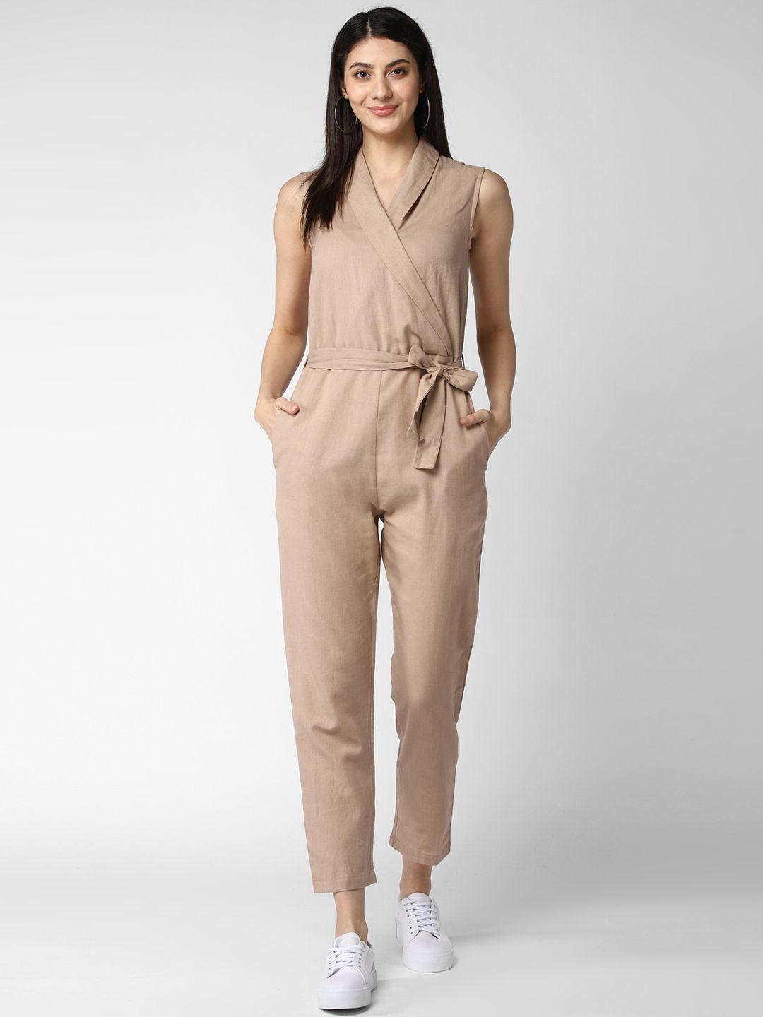 stylestone women beige solid linen basic jumpsuit with waist tie up