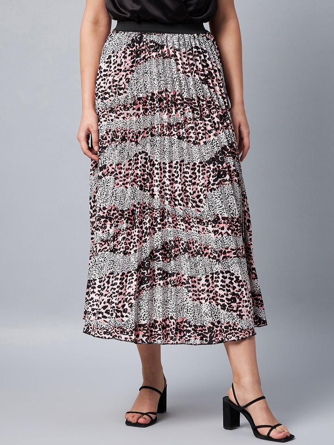 stylestone women black & pink printed pleated midi skirt